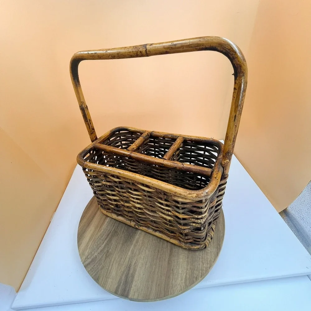 Vintage Tortoise Bamboo Utensil Caddy: Rustic Wicker Basket